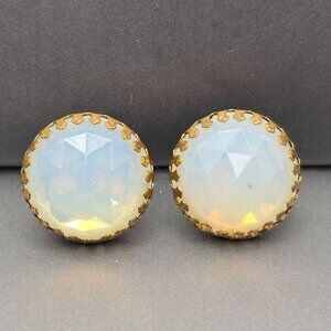 VTG Faceted Moonstone Earrings 19.6mm Ornate Flame Prongs Screw Back Signed La?